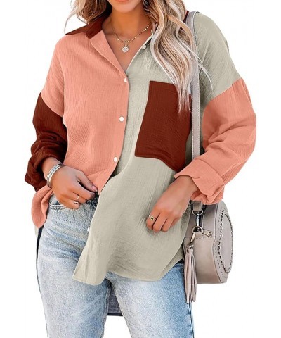 Women Cotton Shirt Color Block/Solid Color Oversized Button-Down Pocket Long Sleeve Top Loose Blouse B-coral Wine $16.23 Blouses