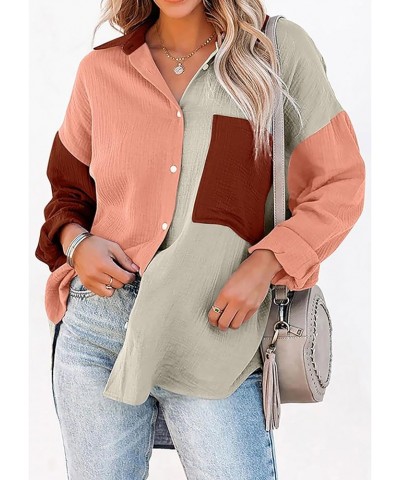 Women Cotton Shirt Color Block/Solid Color Oversized Button-Down Pocket Long Sleeve Top Loose Blouse B-coral Wine $16.23 Blouses