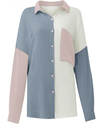 Women Cotton Shirt Color Block/Solid Color Oversized Button-Down Pocket Long Sleeve Top Loose Blouse B-coral Wine $16.23 Blouses