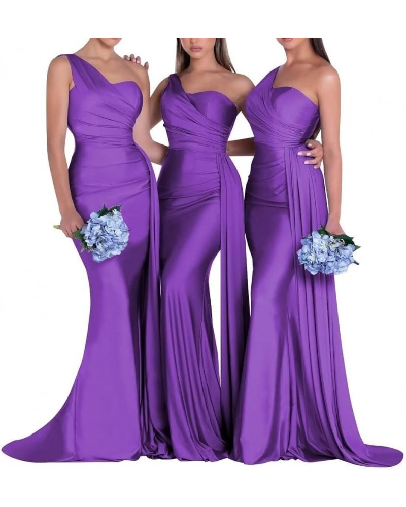 One Shoulder Satin Bridesmaid Dresses Long Mermaid Prom Dresses Ruched Formal Evening Gowns HY054 Purple $32.99 Dresses