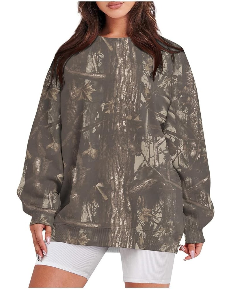 Camo Sweatshirt for Women Maple-Leaf Print Camo Crewneck Sweatshirts Long Sleeve Oversized Sweater Pullover Casual Tops Dark ...