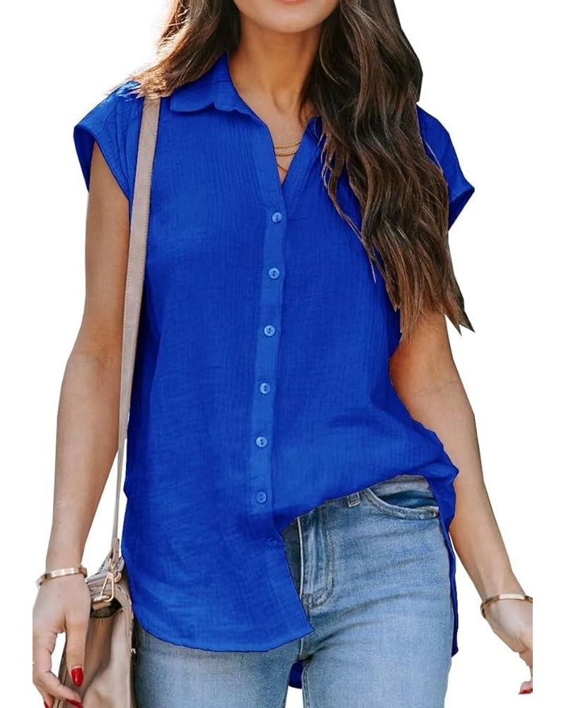 Women's V Neck Short Sleeve Button Down Shirts Casual Chiffon Blouses Tops Solid Blue $11.50 Blouses