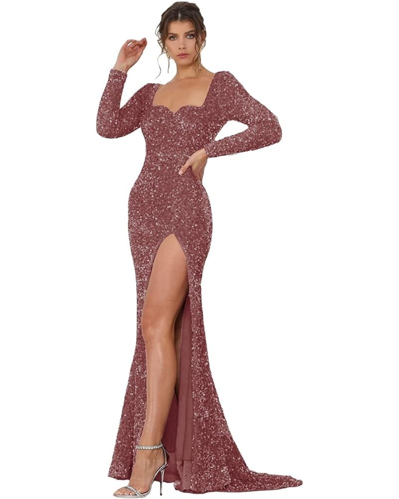 Long Sleeve Sequin Prom Dresses for Women Mermaid Slit Sparkly Formal Evening Party Dress Long Dusty Rose $42.50 Dresses