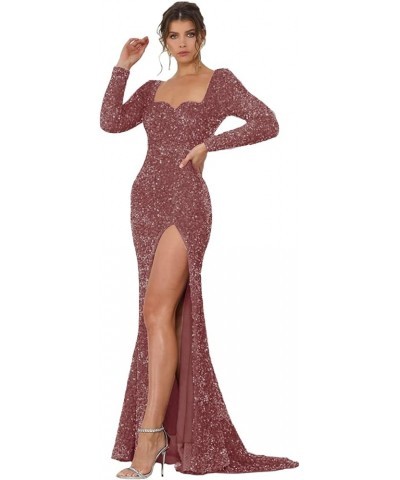 Long Sleeve Sequin Prom Dresses for Women Mermaid Slit Sparkly Formal Evening Party Dress Long Dusty Rose $42.50 Dresses