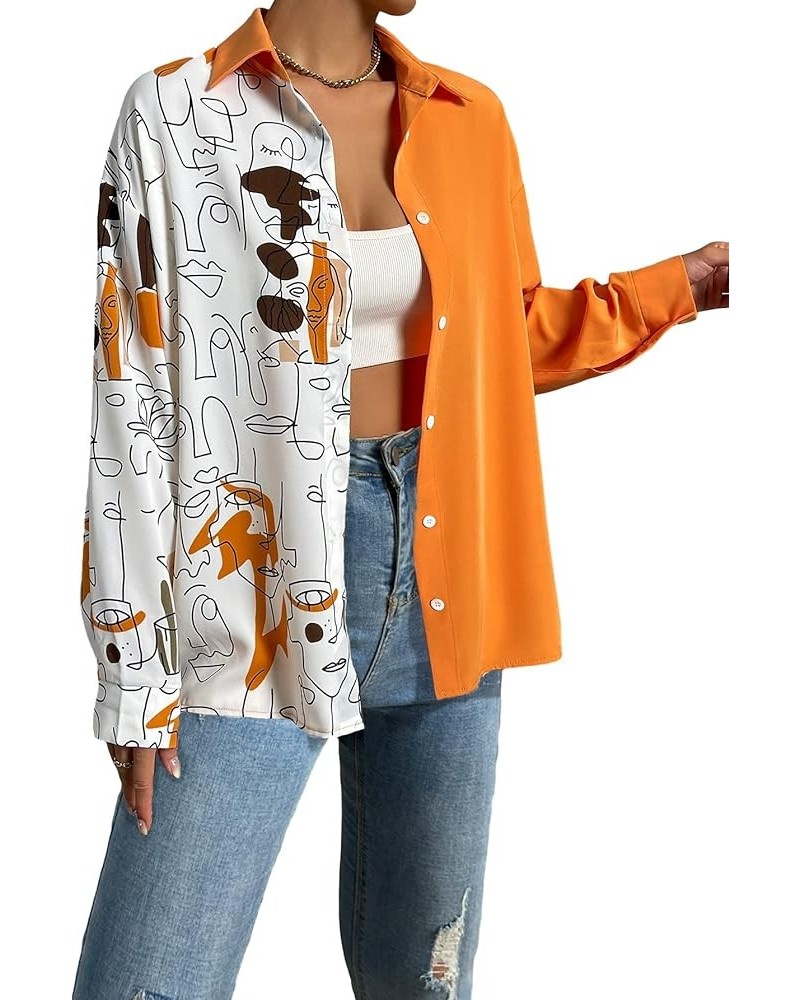 Women's Figure Graphic Colorful Button Down Shirts Long Sleeve Collared Shirt Blouse Tops Burnt Orange $16.42 Blouses