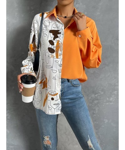 Women's Figure Graphic Colorful Button Down Shirts Long Sleeve Collared Shirt Blouse Tops Burnt Orange $16.42 Blouses