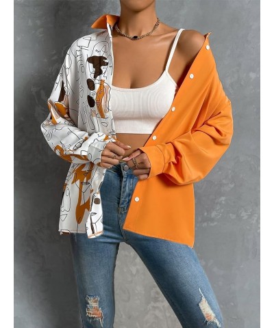 Women's Figure Graphic Colorful Button Down Shirts Long Sleeve Collared Shirt Blouse Tops Burnt Orange $16.42 Blouses