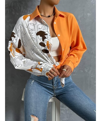 Women's Figure Graphic Colorful Button Down Shirts Long Sleeve Collared Shirt Blouse Tops Burnt Orange $16.42 Blouses