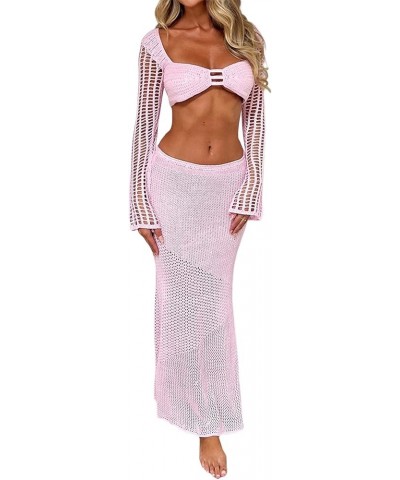 Women 2Pcs Crochet Knit Skirt Set Tube Crop Top + High Waist Bodycon Skirt Cover Up Beachwear Z-pink $13.99 Swimsuits