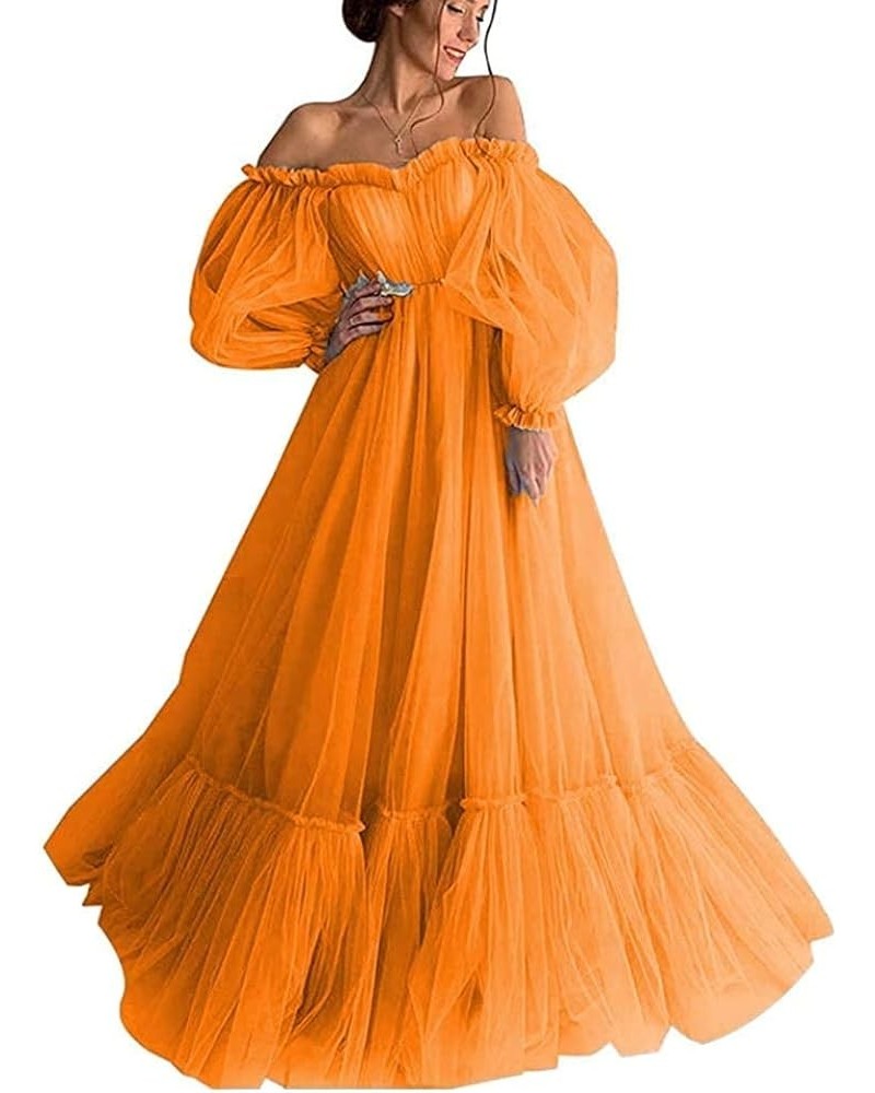 Long Puffy Sleeve Tulle Prom Dress Sweetheart Off Shoulder Puffy Court of Honor Dress A Line for Photoshoot CA62 Orange $33.0...