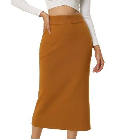 Women's Ribbed Knit Skirt Elastic Waist Slit Hem Stretchy Bodycon Skirts Khaki $19.60 Skirts