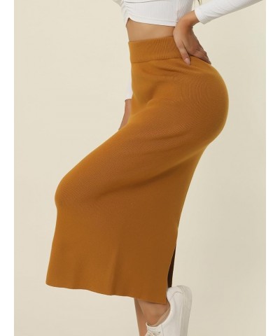 Women's Ribbed Knit Skirt Elastic Waist Slit Hem Stretchy Bodycon Skirts Khaki $19.60 Skirts