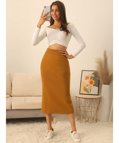 Women's Ribbed Knit Skirt Elastic Waist Slit Hem Stretchy Bodycon Skirts Khaki $19.60 Skirts