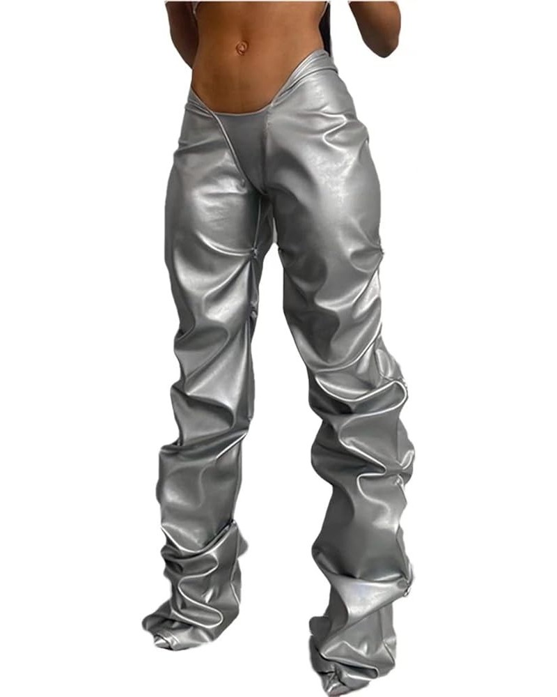 Women's Metallic Pants Hipster Faux PU Leather V Waist Stacked Trousers Silver $22.50 Pants