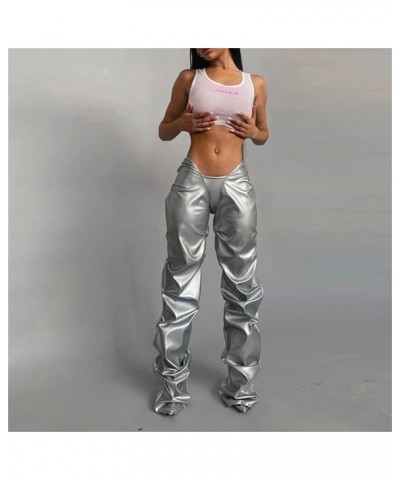 Women's Metallic Pants Hipster Faux PU Leather V Waist Stacked Trousers Silver $22.50 Pants