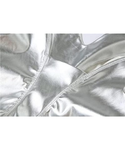 Women's Metallic Pants Hipster Faux PU Leather V Waist Stacked Trousers Silver $22.50 Pants