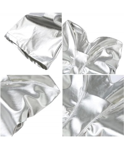 Women's Metallic Pants Hipster Faux PU Leather V Waist Stacked Trousers Silver $22.50 Pants