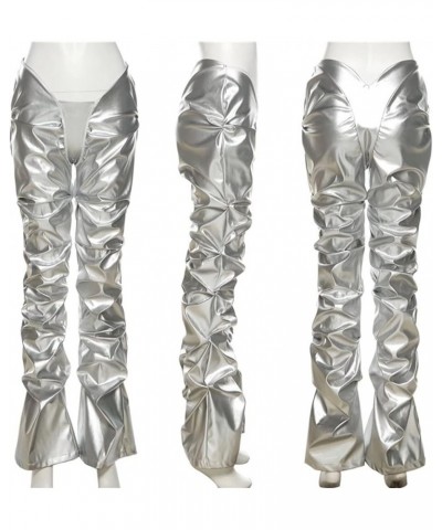 Women's Metallic Pants Hipster Faux PU Leather V Waist Stacked Trousers Silver $22.50 Pants