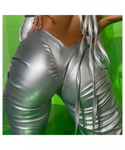 Women's Metallic Pants Hipster Faux PU Leather V Waist Stacked Trousers Silver $22.50 Pants