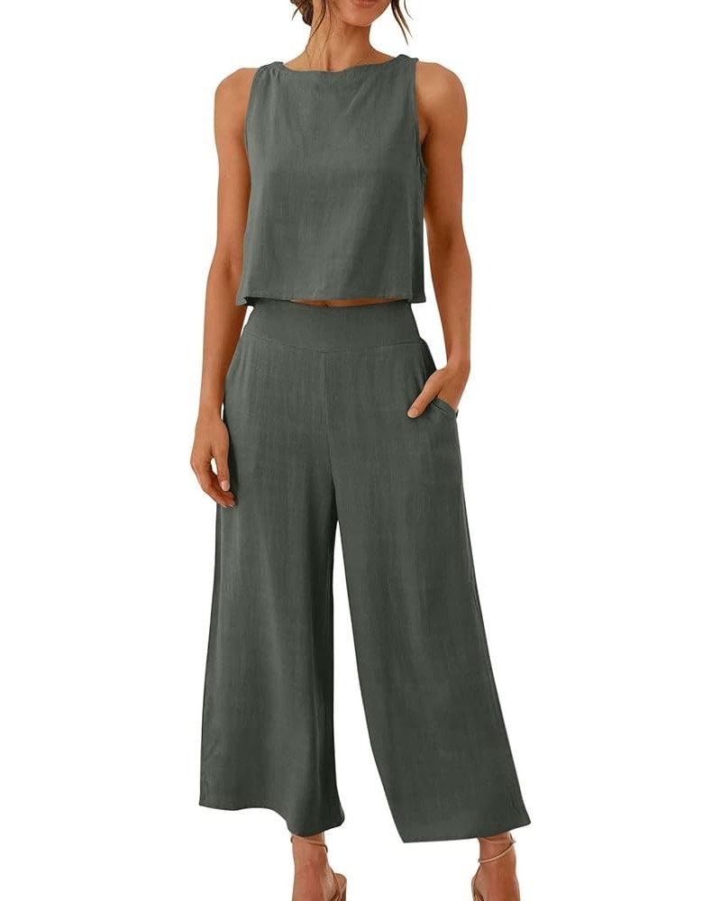 Womens 2 Piece Outfits Summer Sleeveless Tank Crop Button Back Top Capri Wide Leg Pants Linen Set with Pockets 03-dark Gray $...