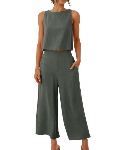 Womens 2 Piece Outfits Summer Sleeveless Tank Crop Button Back Top Capri Wide Leg Pants Linen Set with Pockets 03-dark Gray $...