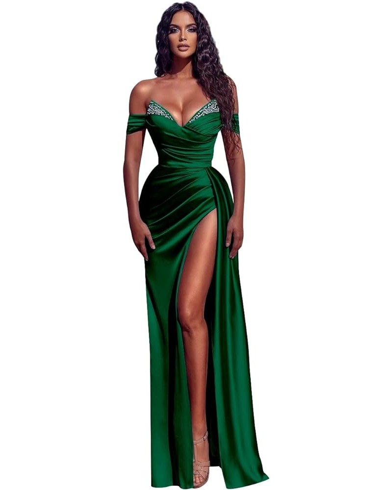 Women's Beaded Satin Prom Dresses Long with Slit Pleated Mermaid Formal Evening Dress Emerald Green $30.10 Dresses