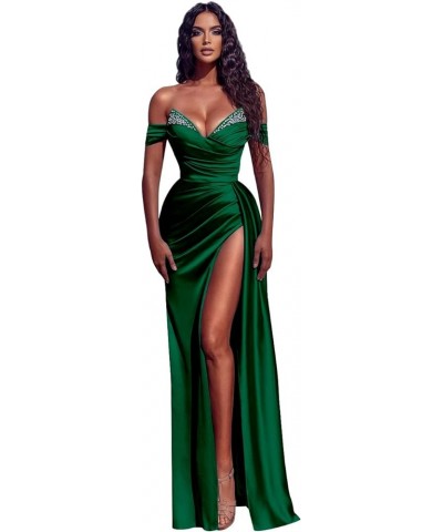 Women's Beaded Satin Prom Dresses Long with Slit Pleated Mermaid Formal Evening Dress Emerald Green $30.10 Dresses