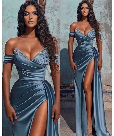 Women's Beaded Satin Prom Dresses Long with Slit Pleated Mermaid Formal Evening Dress Emerald Green $30.10 Dresses