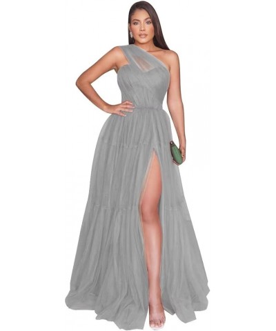 One Shoulder A Line Prom Dresses Split Tulle Ball Gown 2023 Pleated Formal Evening Party Dresses Grey $38.40 Dresses