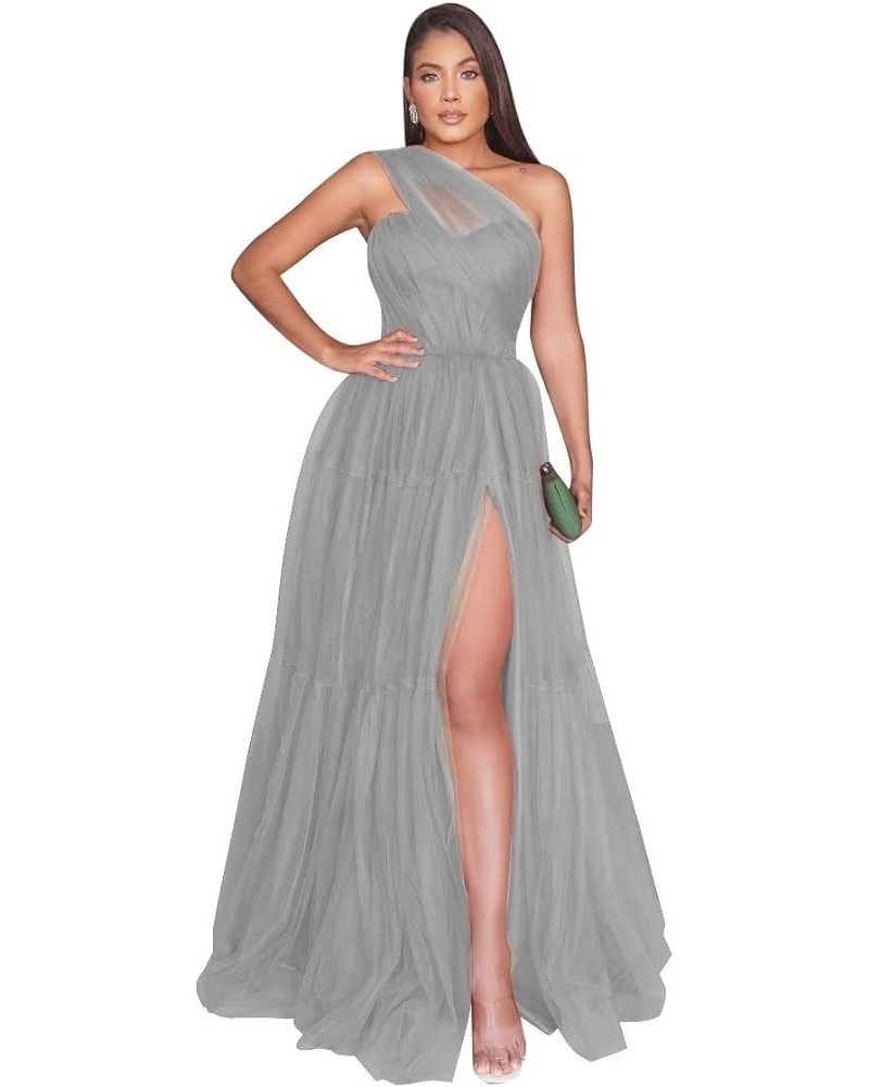 One Shoulder A Line Prom Dresses Split Tulle Ball Gown 2023 Pleated Formal Evening Party Dresses Grey $38.40 Dresses