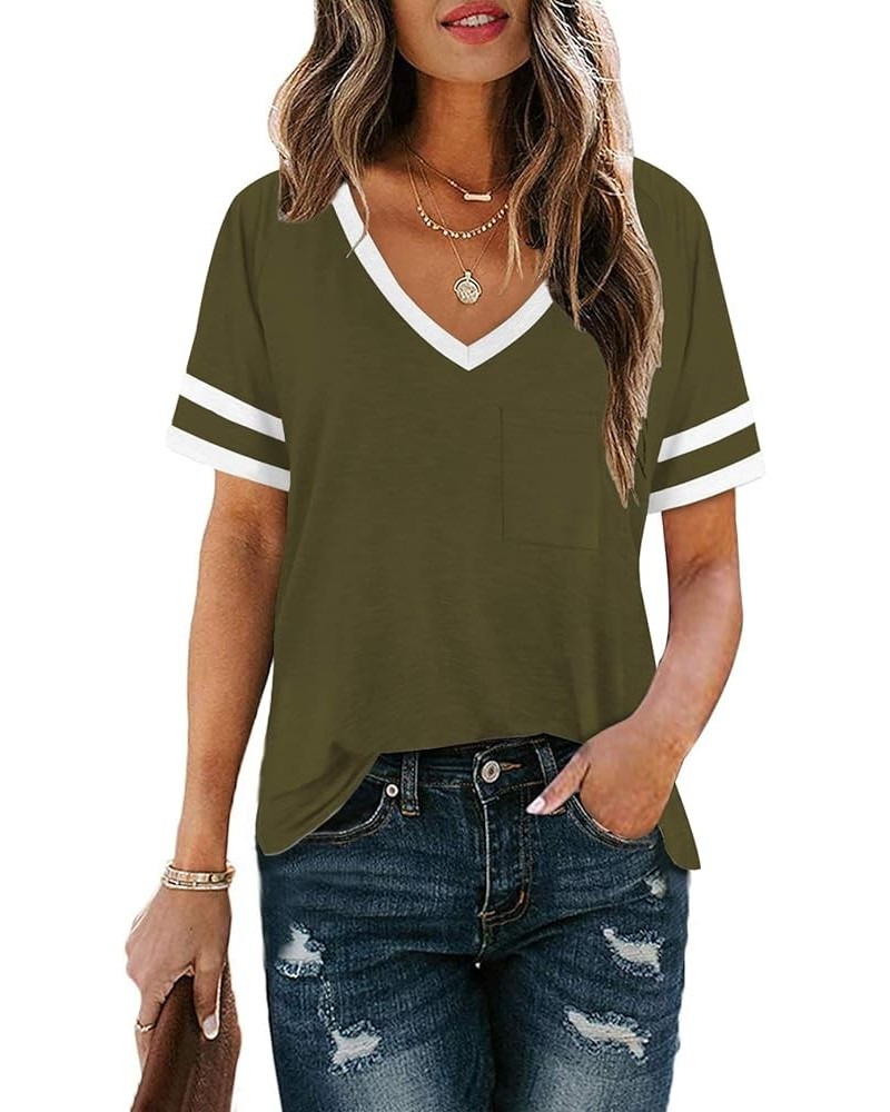 Womens Color Block Crewneck Short Sleeve T Shirts Loose Casual Workout Tee Tunic Tops 2 Green $10.07 T-Shirts