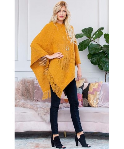 Classic Soft Knit Poncho Shawl Wrap - Basic Warm Pullover Fringe Tassel Sweater Chunky Crochet, Plain V-Neck Wrap Effect - Kh...