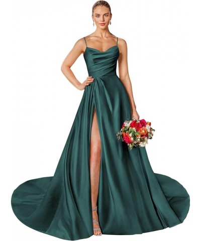 Women's Off The Shoulder Satin Prom Dresses Spaghetti Strap Formal Evening Gown with Slit Teal $45.04 Dresses