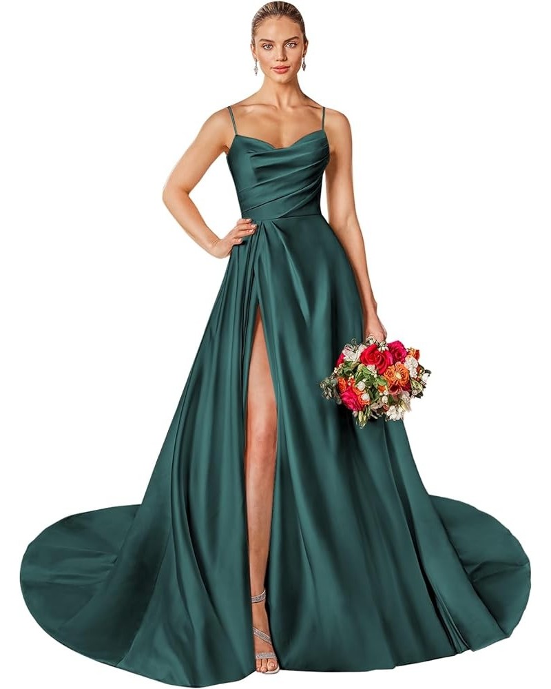 Women's Off The Shoulder Satin Prom Dresses Spaghetti Strap Formal Evening Gown with Slit Teal $45.04 Dresses