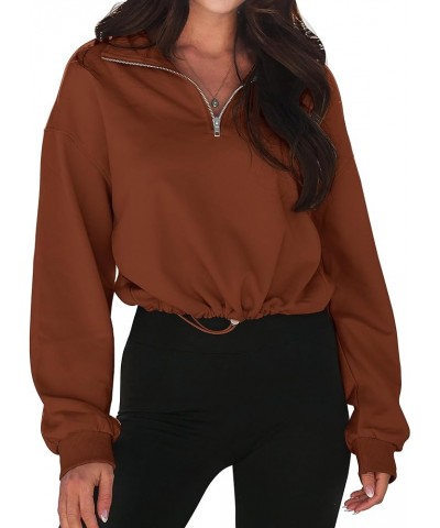 Women's Quarter Zip Crop Sweatshirt Long Sleeve Stand Collar Drawstring Casual Pullover Top Brown $17.28 Hoodies & Sweatshirts