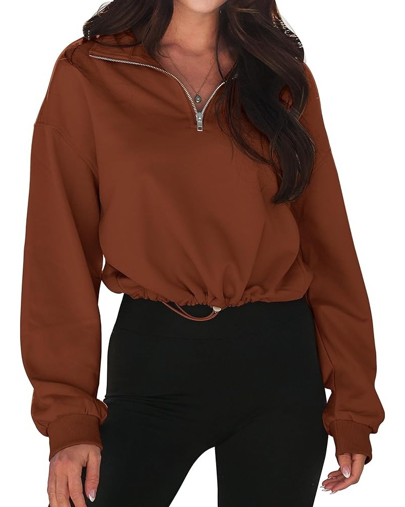 Women's Quarter Zip Crop Sweatshirt Long Sleeve Stand Collar Drawstring Casual Pullover Top Brown $17.28 Hoodies & Sweatshirts