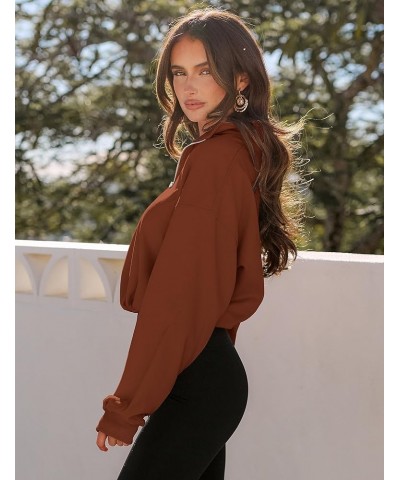 Women's Quarter Zip Crop Sweatshirt Long Sleeve Stand Collar Drawstring Casual Pullover Top Brown $17.28 Hoodies & Sweatshirts