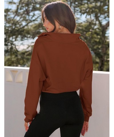 Women's Quarter Zip Crop Sweatshirt Long Sleeve Stand Collar Drawstring Casual Pullover Top Brown $17.28 Hoodies & Sweatshirts