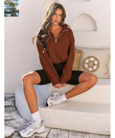 Women's Quarter Zip Crop Sweatshirt Long Sleeve Stand Collar Drawstring Casual Pullover Top Brown $17.28 Hoodies & Sweatshirts