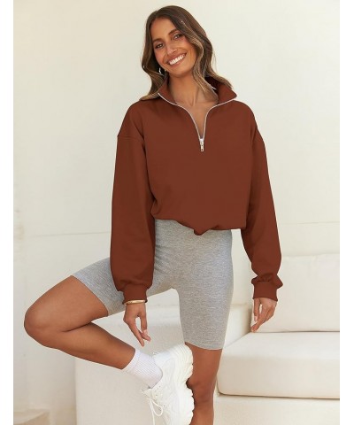 Women's Quarter Zip Crop Sweatshirt Long Sleeve Stand Collar Drawstring Casual Pullover Top Brown $17.28 Hoodies & Sweatshirts