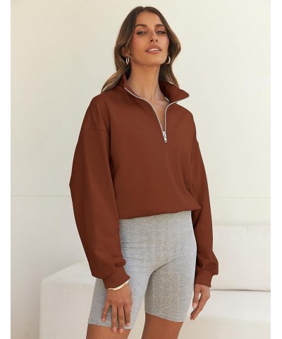 Women's Quarter Zip Crop Sweatshirt Long Sleeve Stand Collar Drawstring Casual Pullover Top Brown $17.28 Hoodies & Sweatshirts