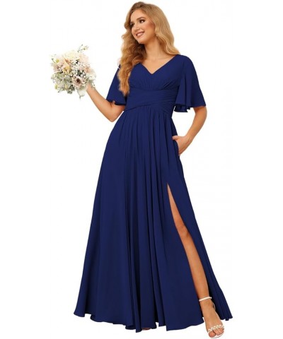 Women‘s Short Sleeve Bridesmaid Dresses with Slit Simple Chiffon Formal Evening Gowns with Pockets CR023 Royal Blue $23.65 Dr...