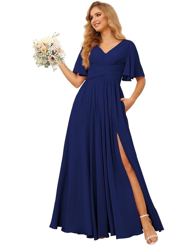 Women‘s Short Sleeve Bridesmaid Dresses with Slit Simple Chiffon Formal Evening Gowns with Pockets CR023 Royal Blue $23.65 Dr...