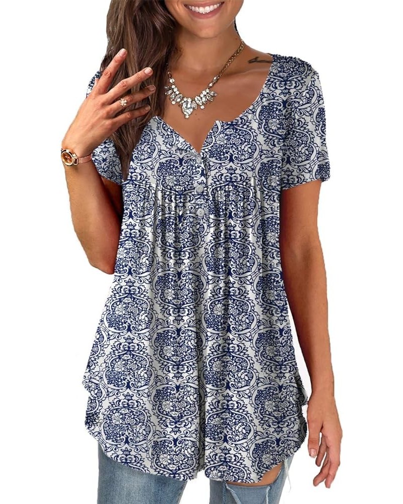 Womens Summer Plus Size Tunic Tops Short Sleeve Blouses Casual Floral Henley Shirts Short Sleeve Color_25 $13.19 Tops