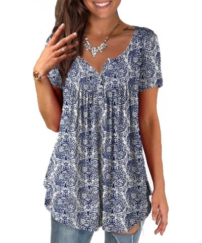 Womens Summer Plus Size Tunic Tops Short Sleeve Blouses Casual Floral Henley Shirts Short Sleeve Color_25 $13.19 Tops