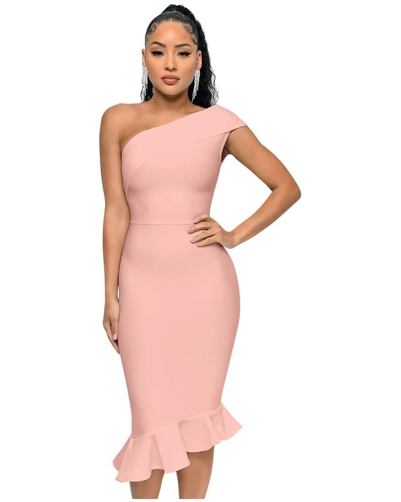 Women's Mermaid One Shoulder Bodycon Bandage Dress Midi Party Cocktail Dress Pink $29.63 Dresses