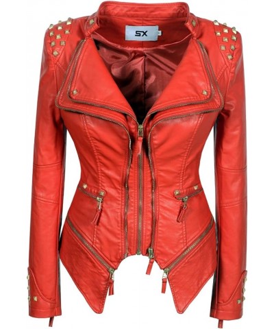 Women's classic fashion solid color dovetail rivet leather jacket punk personality coat Red $34.08 Coats