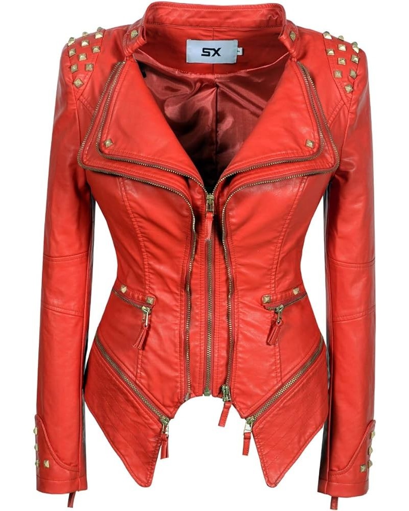 Women's classic fashion solid color dovetail rivet leather jacket punk personality coat Red $34.08 Coats