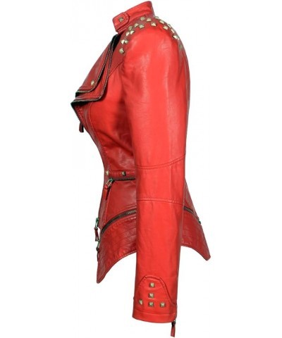 Women's classic fashion solid color dovetail rivet leather jacket punk personality coat Red $34.08 Coats