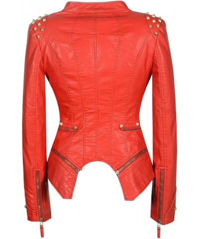 Women's classic fashion solid color dovetail rivet leather jacket punk personality coat Red $34.08 Coats